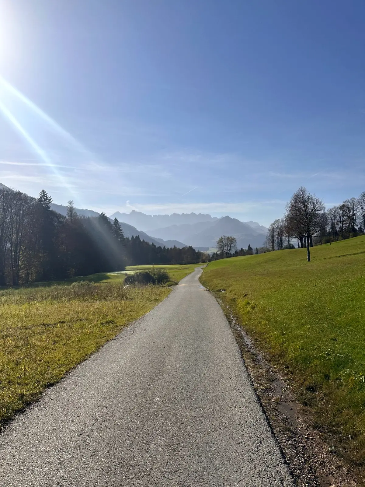 Ruhige Nebenstraße Richtung Tirol, das Kaisergebirge schon im Dunst am Horizont.