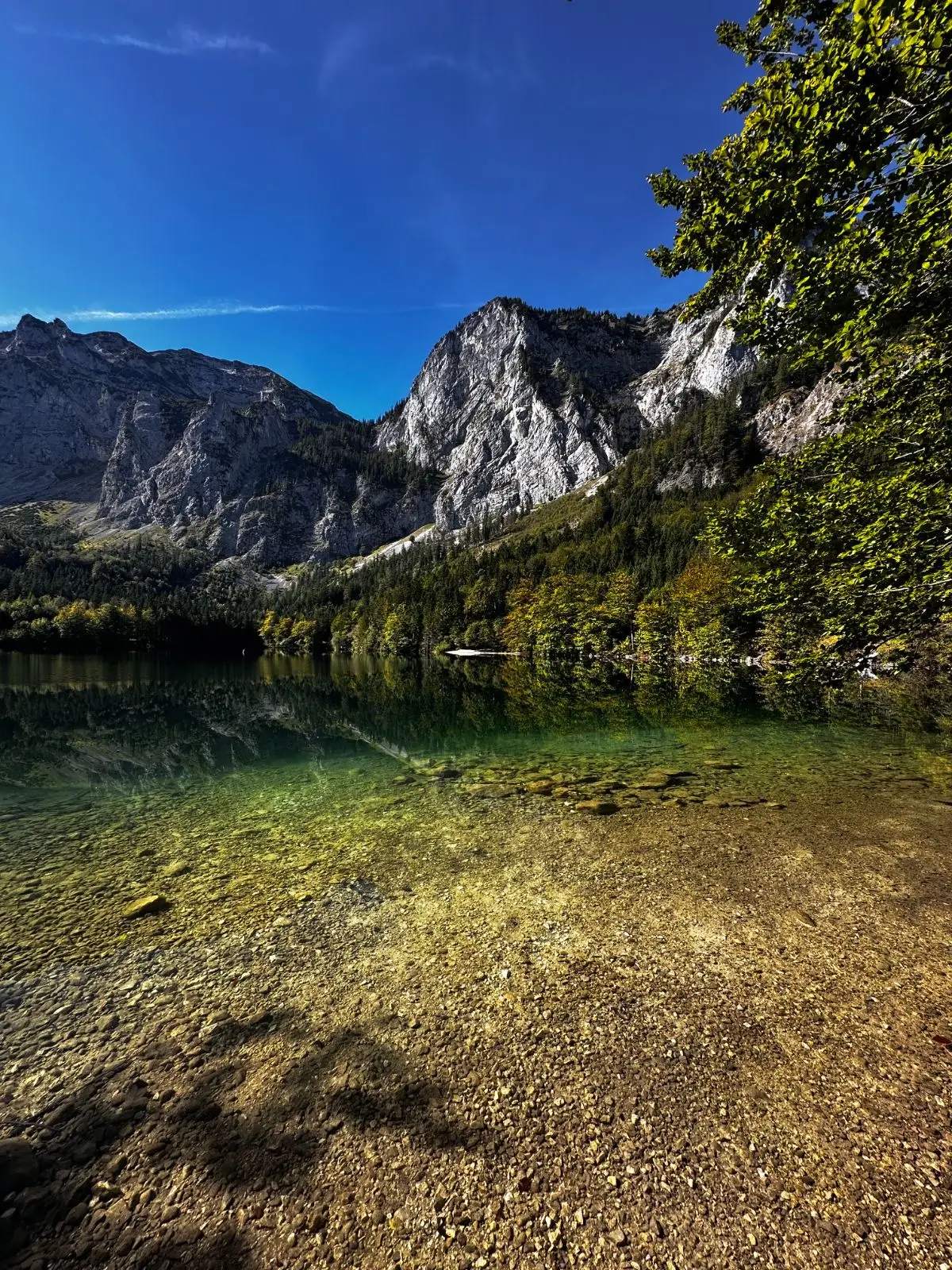 Glasklares Wasser am Hinteren Langbathsee unter hohen Kalkwänden.