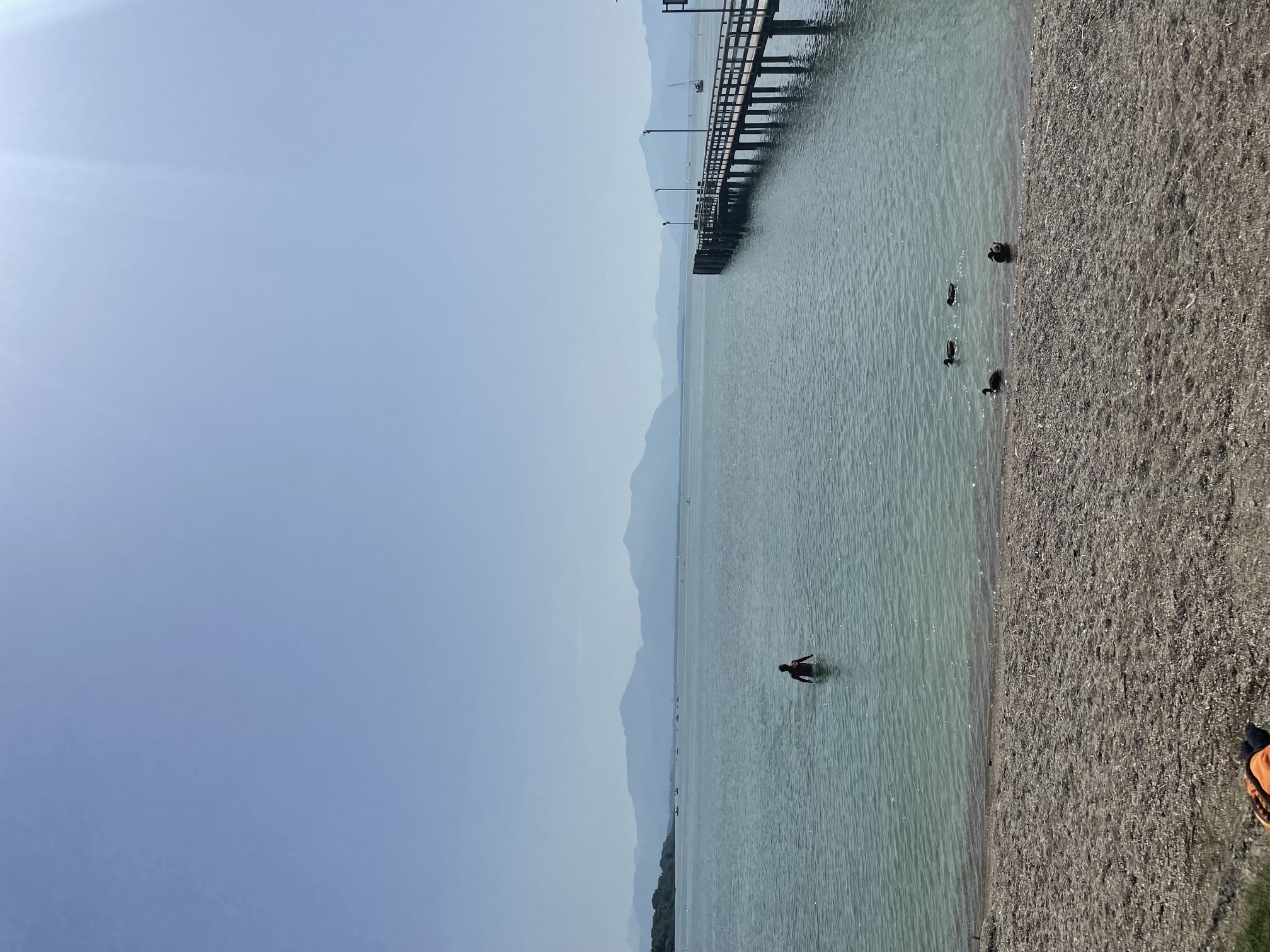 Badestopp am Chiemsee — türkisgrünes Wasser, der Steg und die Berge im Dunst.